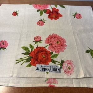 Vtg Parisian Prints Pure Linen Tea Towel Red Pink Flowers NWT